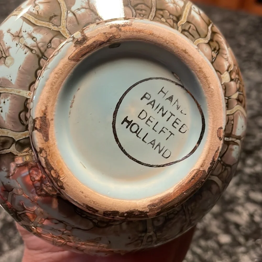 Vintage Delft Holland Hand Painted Luster Bud‎ Vase Brass Light Blue Grey 6”